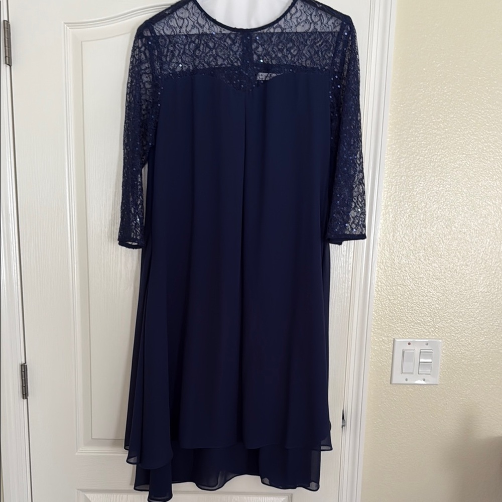 Elegant Blue High Low Evening Dress with Crew Neck